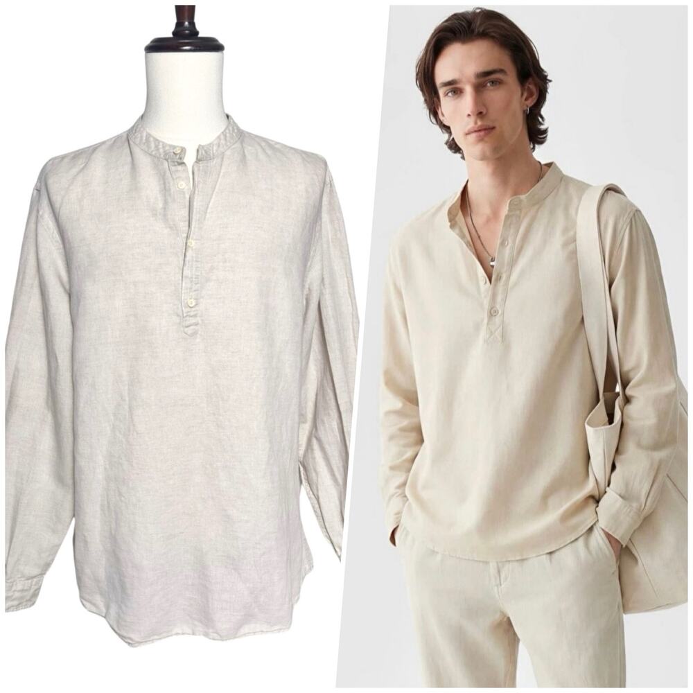 Zara | Men | Sandstone Linen Blend Minimal Band Collar LS Popover Shirt | XXL